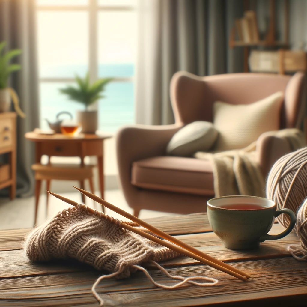 A cozy knitting corner with two knitting needles resting on a finished project, a warm cup of tea beside them, and a comfortable chair