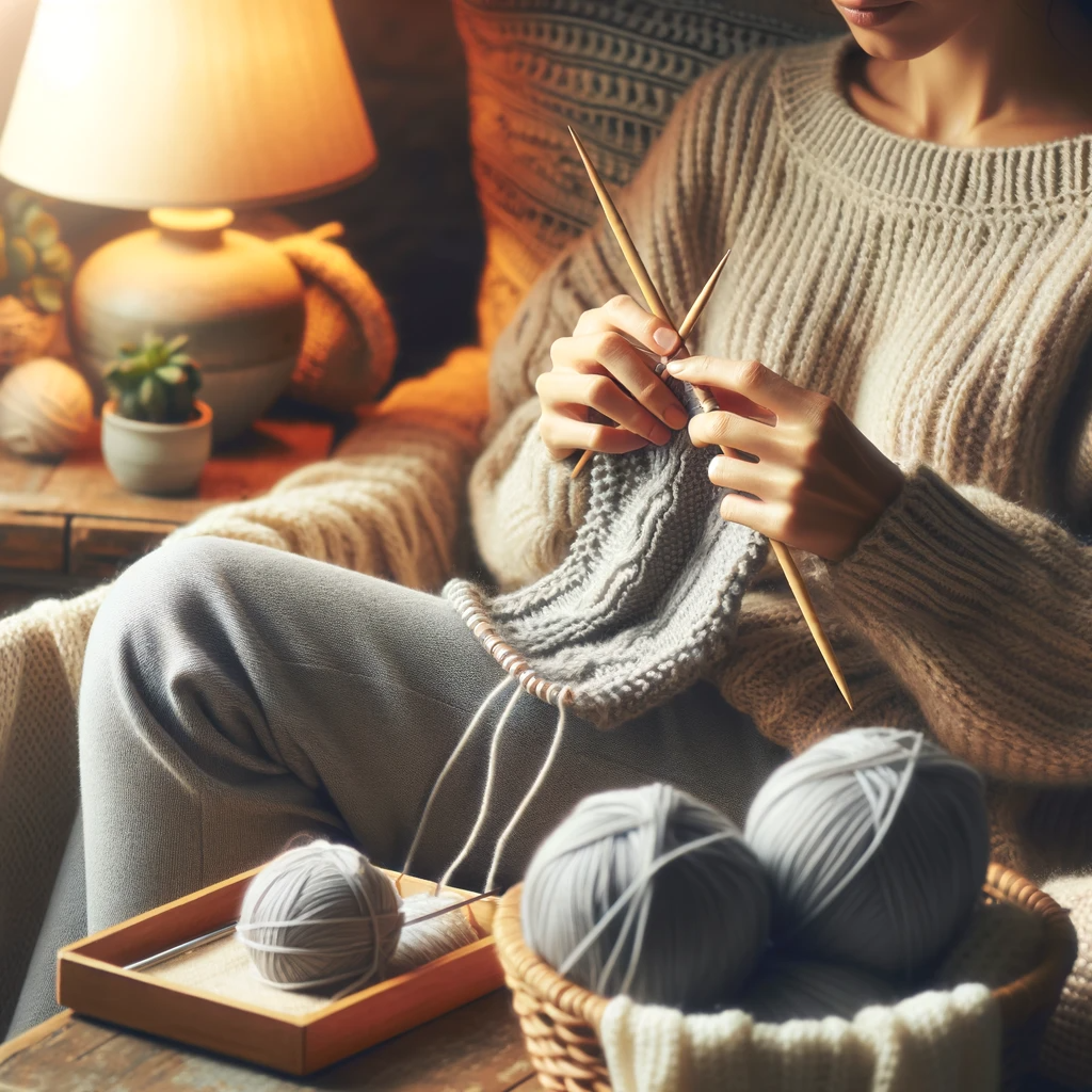 A person peacefully knitting in a cozy indoor setting, using two traditional knitting needles, relaxing.